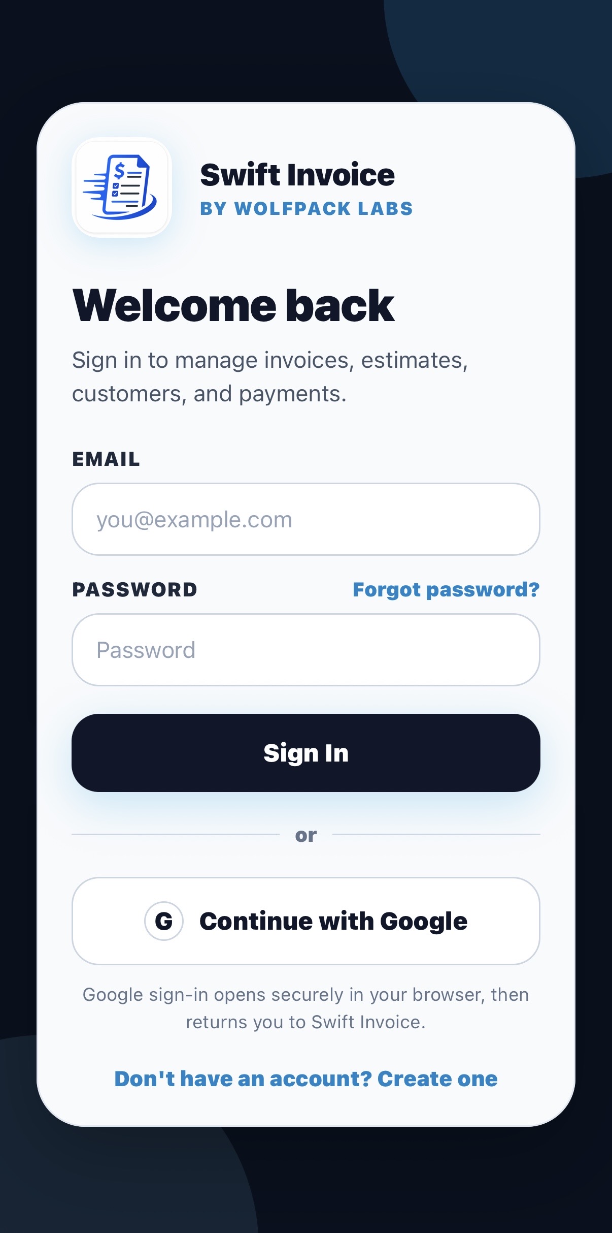 Swift Invoice login screenshot