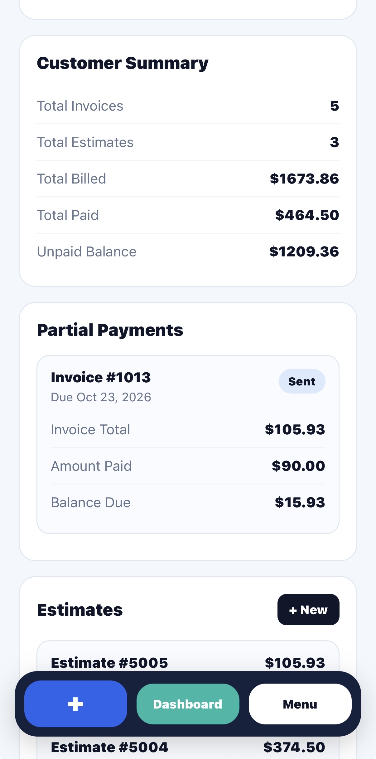 Swift Invoice customer details screenshot