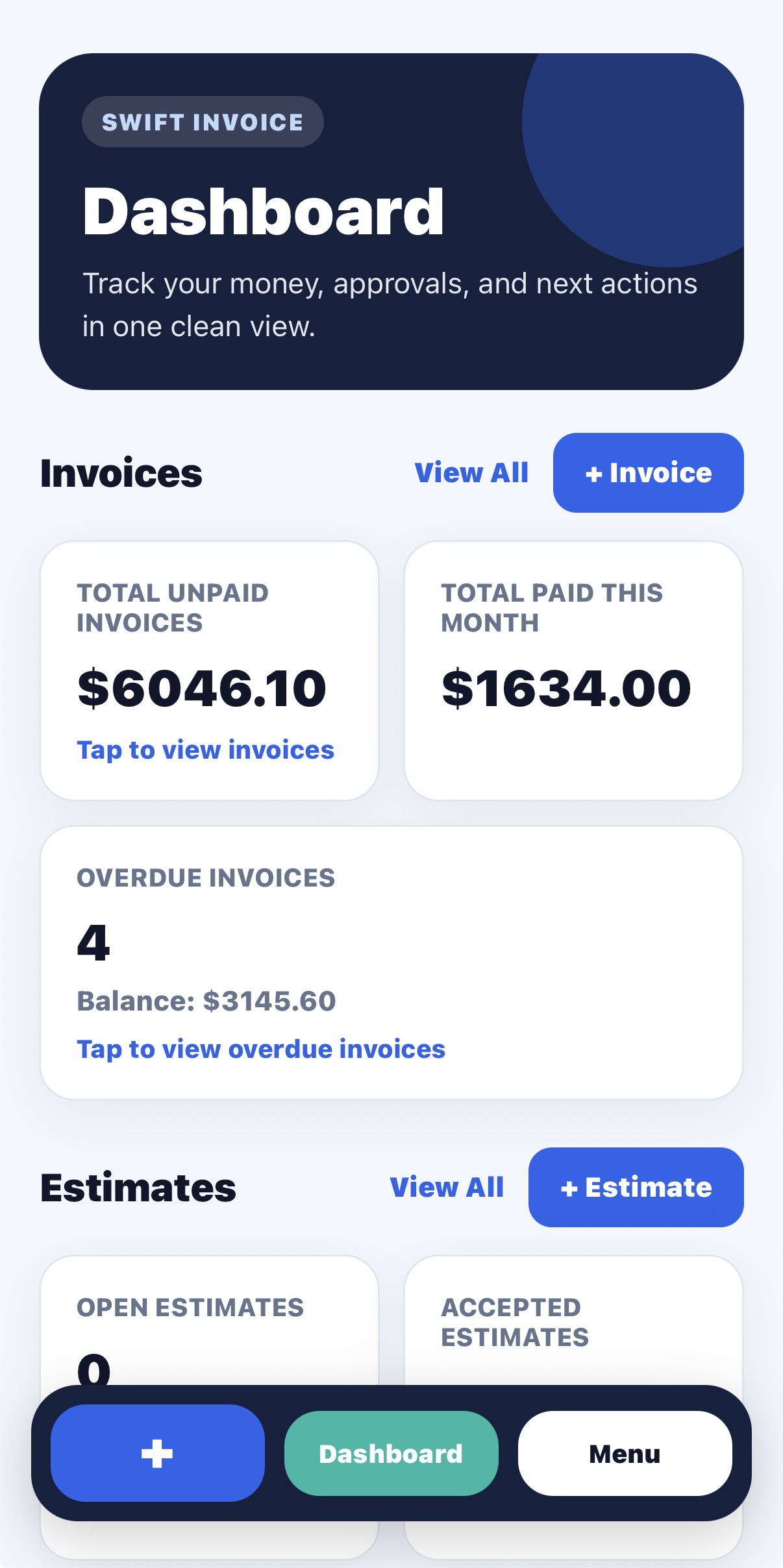 Swift Invoice dashboard screenshot