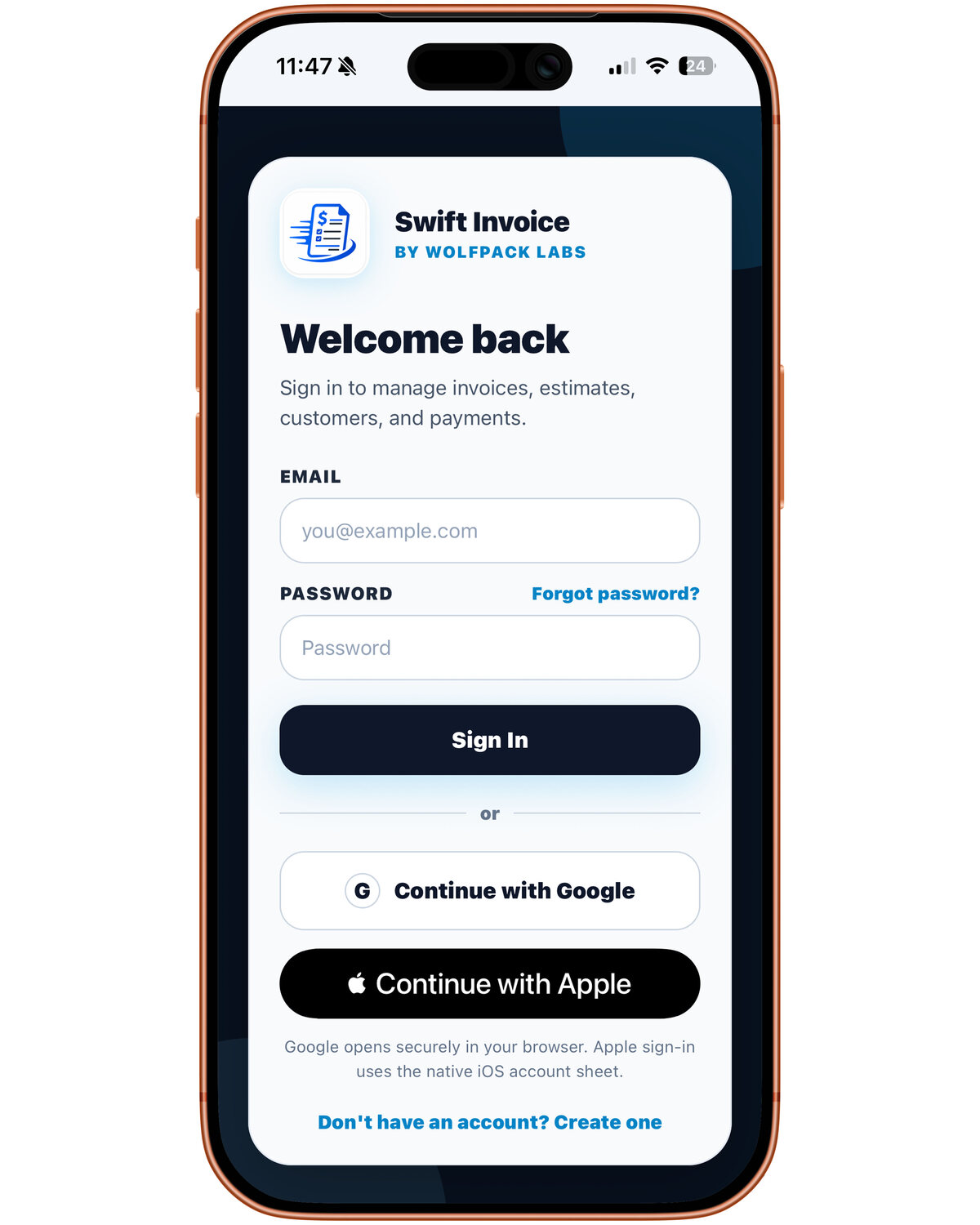 Swift Invoice secure sign-in screen
