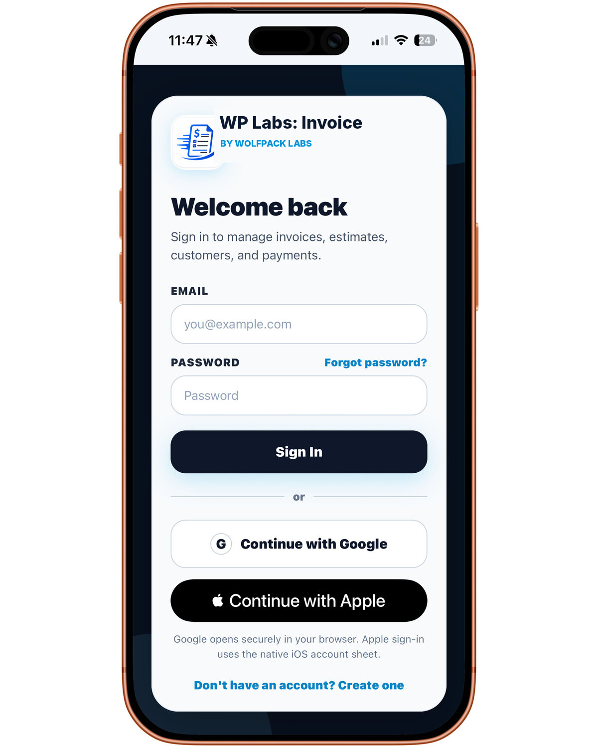 WP Labs: Invoice secure sign-in screen
